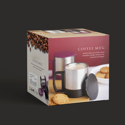 Wukusy stainless steel coffee and tea mug with lid, double wall insulated design, handle, and easy-to-carry feature.