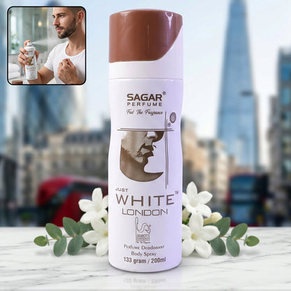 Wukusy Sagar Just White London perfume body spray deodorant for men, 200ml bottle with sleek white packaging.