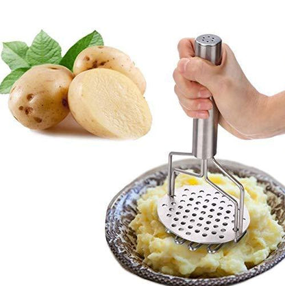 Wukusy 750 stainless steel hand masher for potatoes, vegetables, dal, and baby food, with a sturdy handle and wide mashing surface.