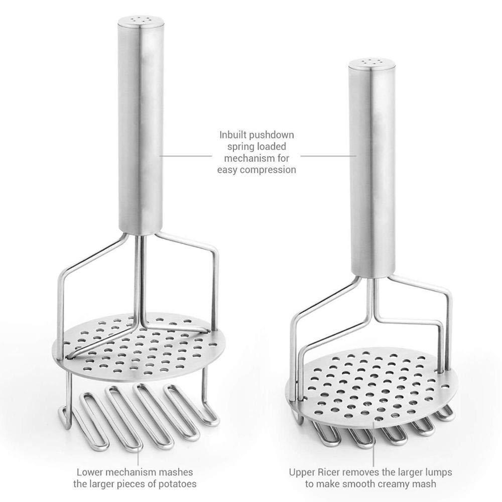 Wukusy stainless steel hand masher for potatoes, vegetables, dal, and baby food in a kitchen setting.
