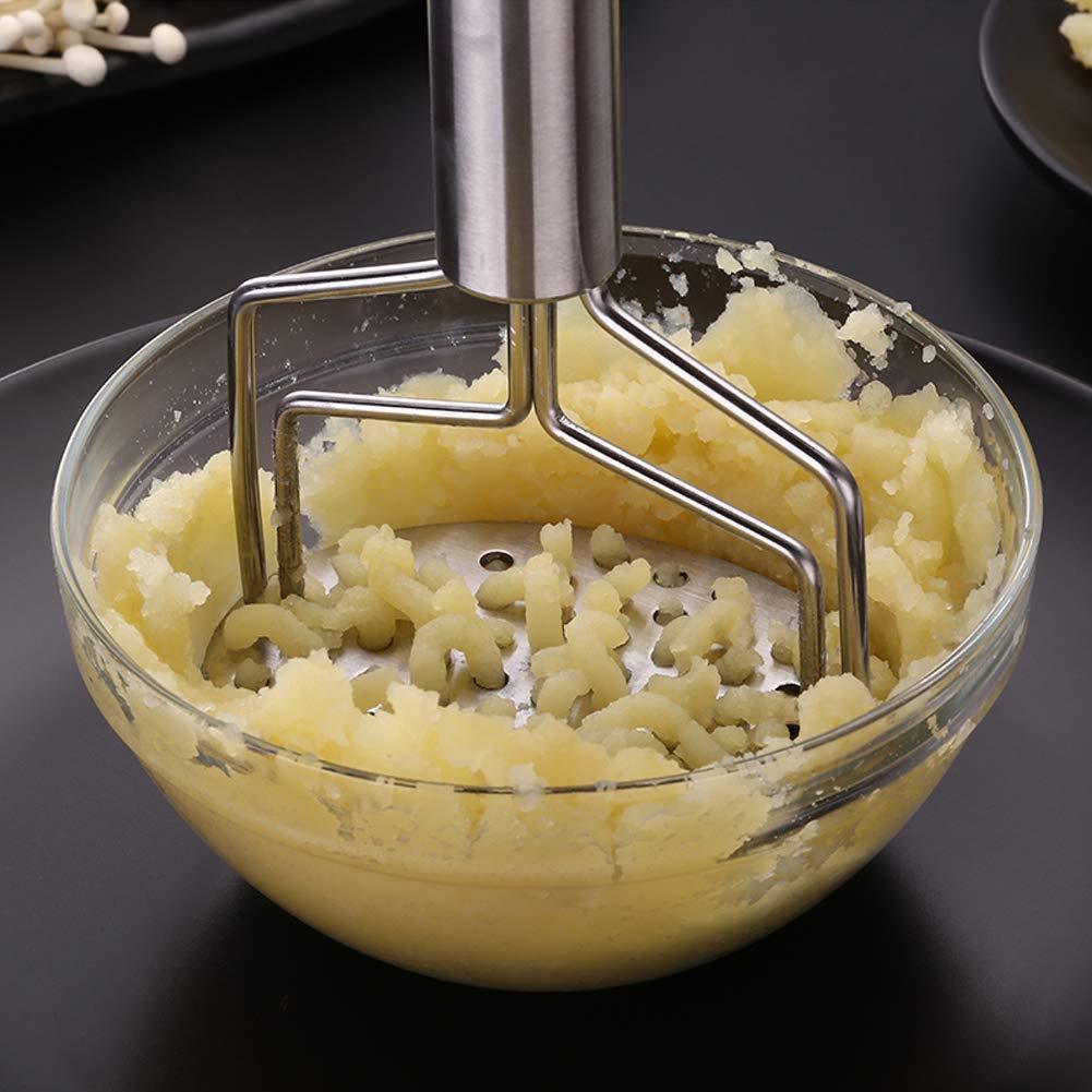 Wukusy stainless steel hand masher for potatoes, vegetables, and baby food, featuring a sturdy handle and ergonomic design.