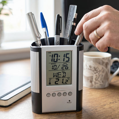 Wukusy multifunction digital calendar desk clock with pen holder on a desk, showing time and date display.