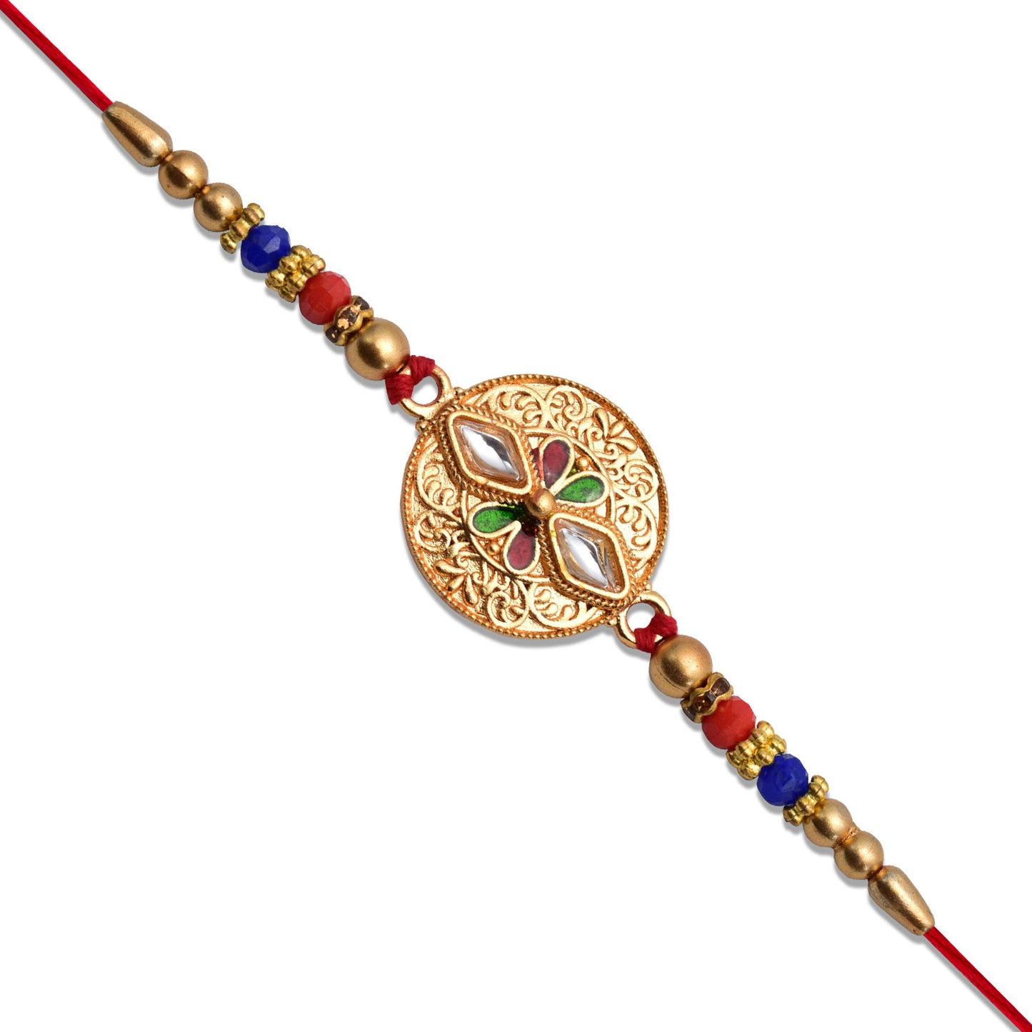 Antique finish Rakhi with intricate Meenakari and Kundan work, crafted by Wukusy, showcasing traditional Indian fashion jewelry.