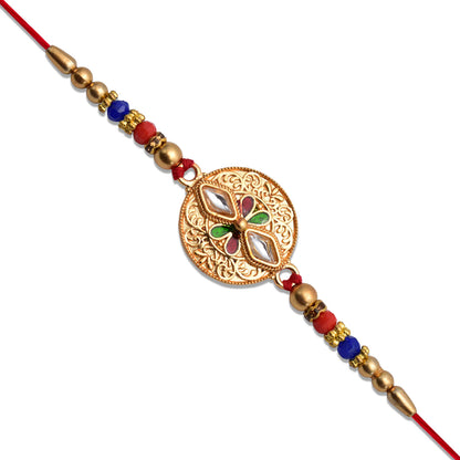 Antique finish Rakhi with intricate Meenakari and Kundan work, crafted by Wukusy, showcasing traditional Indian fashion jewelry.