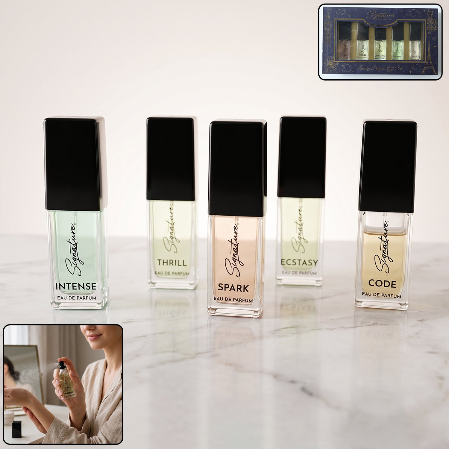 Wukusy Signature Luxury Perfume Gift Set with five 15ml bottles arranged in an elegant box, showcasing sophisticated packaging.
