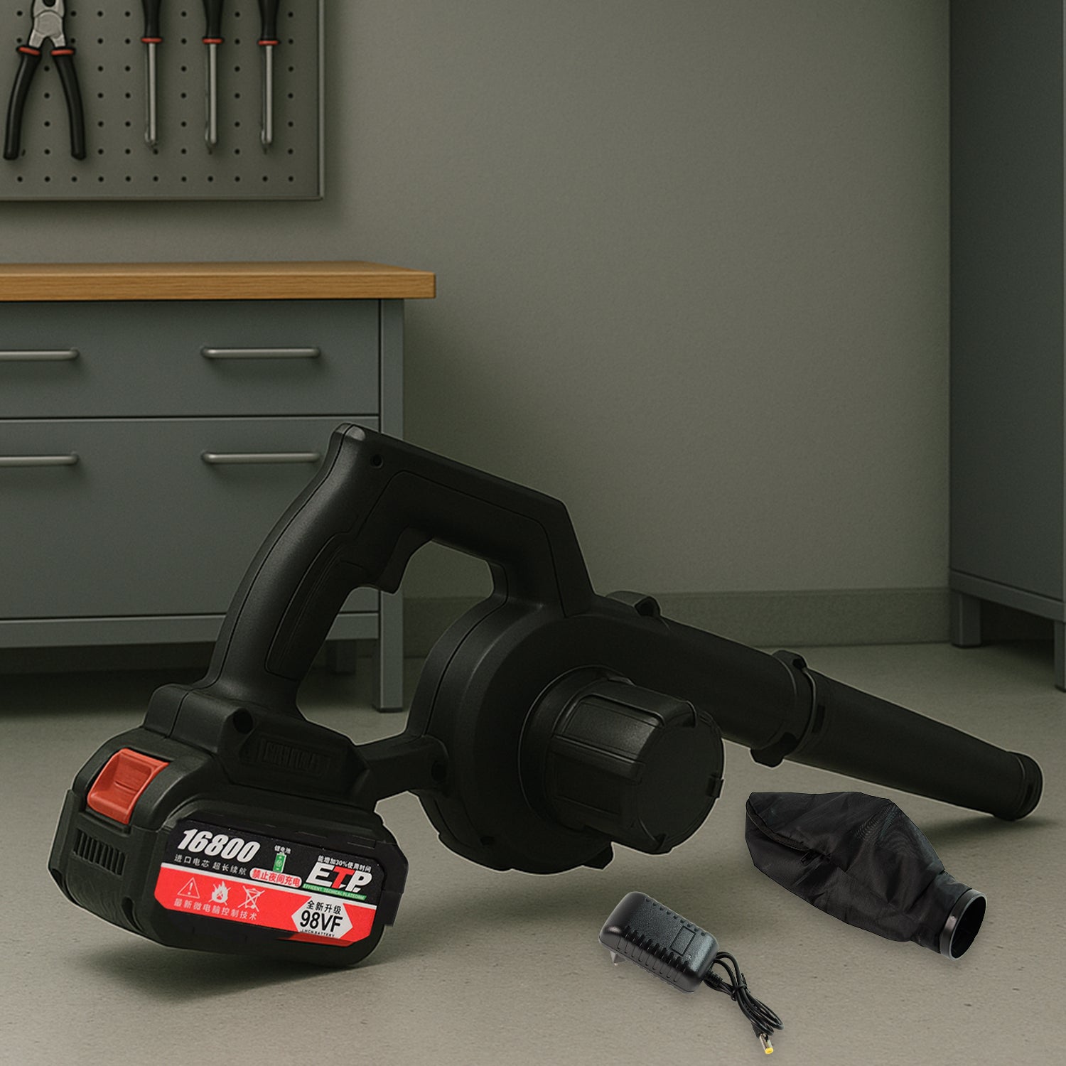 Wukusy multi-purpose home and garden air blower and vacuum combo kit with collection bag, ideal for easy cleaning and yard work.