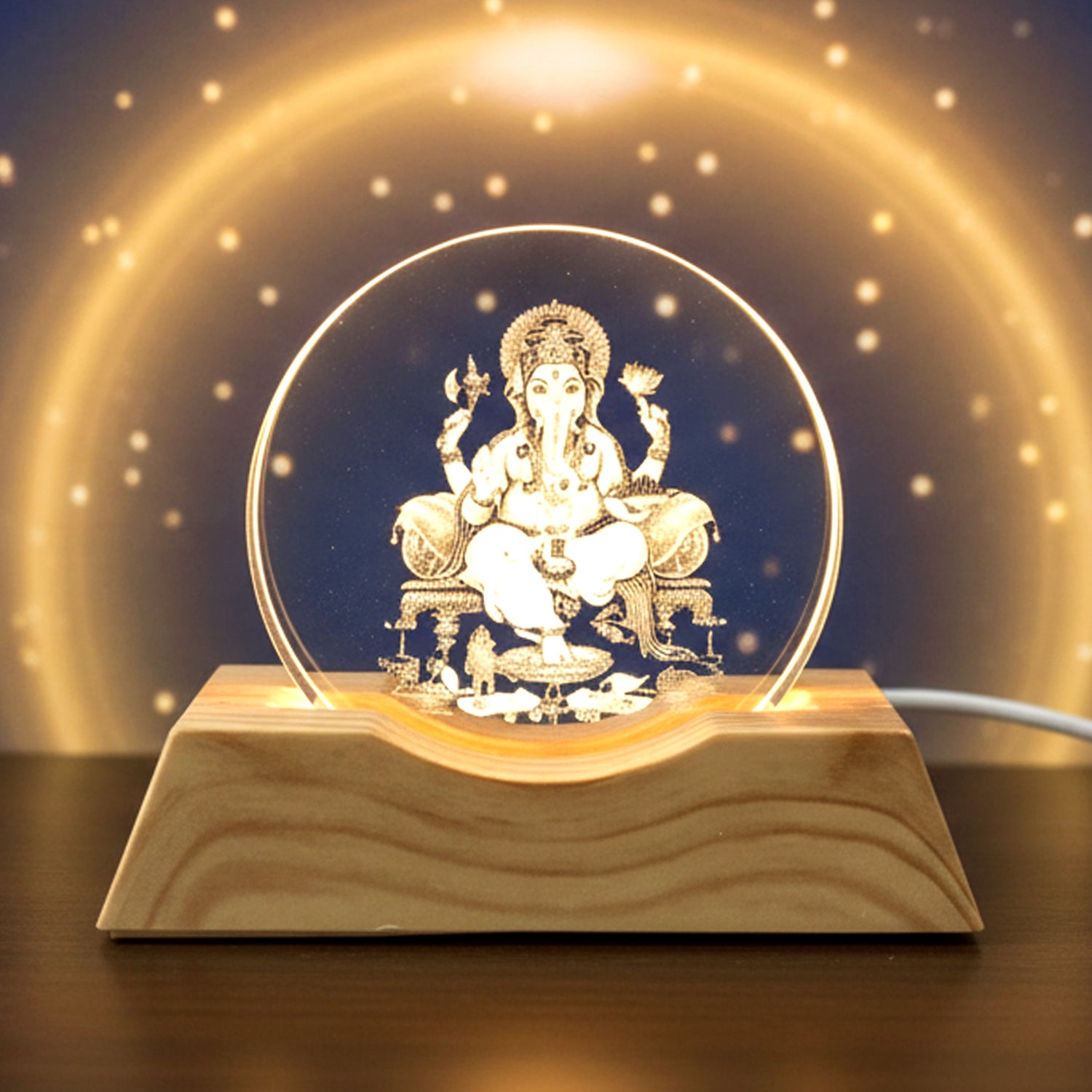 3D Lord Ganesha acrylic LED night lamp by Wukusy, illuminated night light featuring detailed Ganesha design on clear acrylic