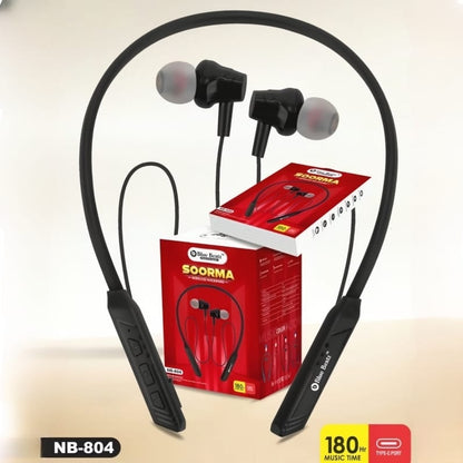 Black Charkee NB-804 wireless neckband Bluetooth headphones with in-ear design and music controls.