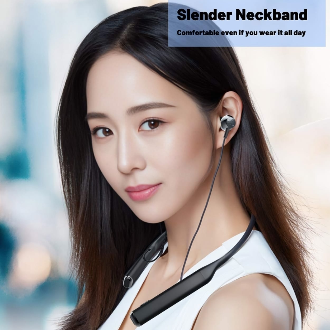 Black Charkee NB-804 wireless neckband Bluetooth headphones with in-ear design and music controls.