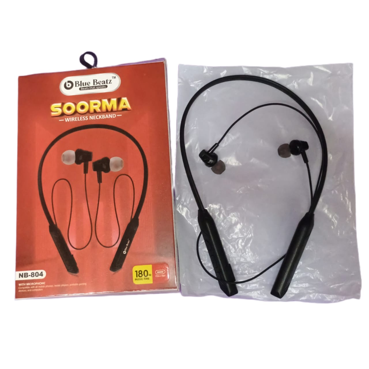 Black Charkee NB-804 wireless neckband Bluetooth earphones with in-ear design and music controls, up to 20 hours of playback.