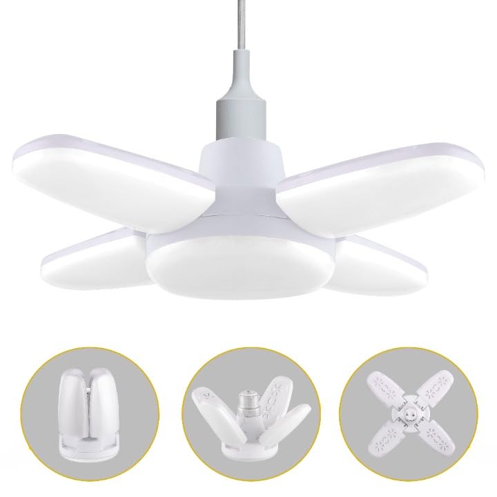 White 7878 Charkee 25W LED bulb with foldable fan blade, 4-leaf design, adjustable ceiling light for home use.