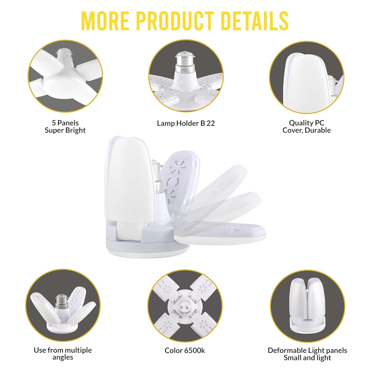White 7878 Charkee 25W LED bulb with foldable fan blade, 4-leaf design, adjustable ceiling light for home use.
