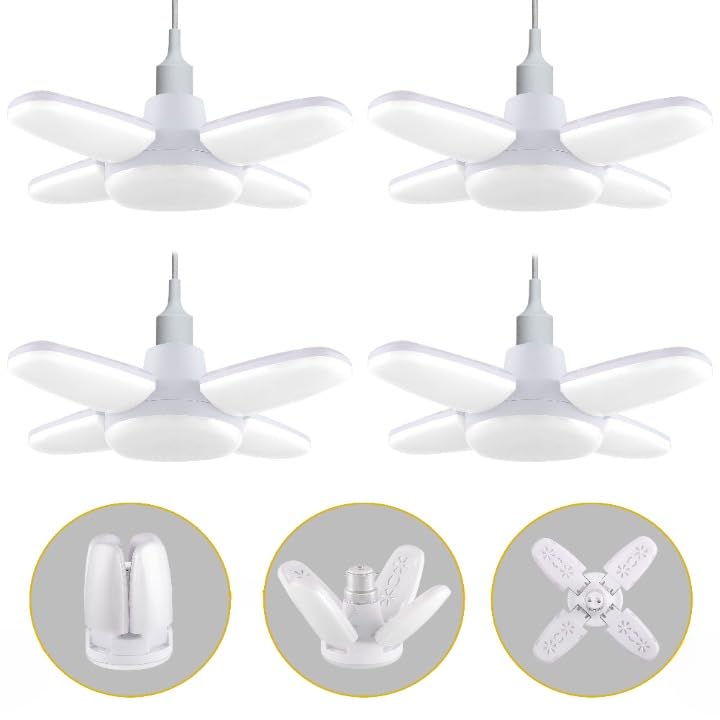 Set of four 7878 Charkee 25W cool day mini fan blade LED bulbs with foldable design and adjustable ceiling light angles.