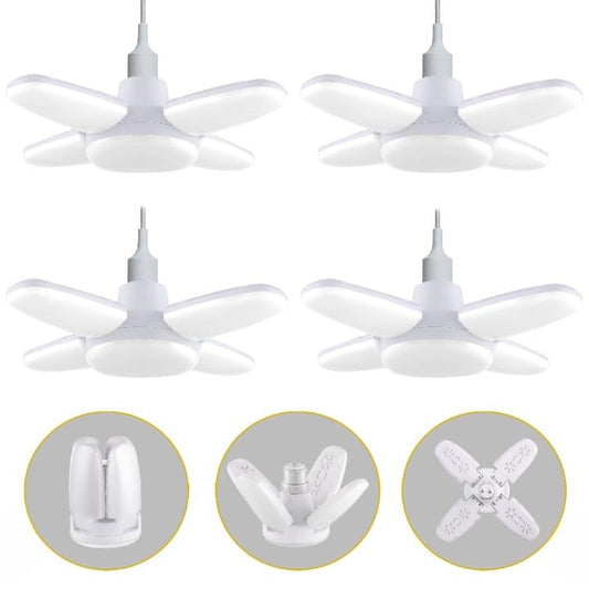 Set of four 7878 Charkee 25W cool day mini fan blade LED bulbs with foldable design and adjustable ceiling light angles.