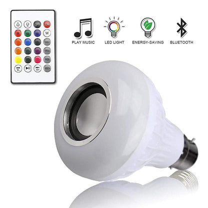 White Charkee wireless Bluetooth LED smart bulb with remote, featuring color-changing LED lighting and music sync capabilities.