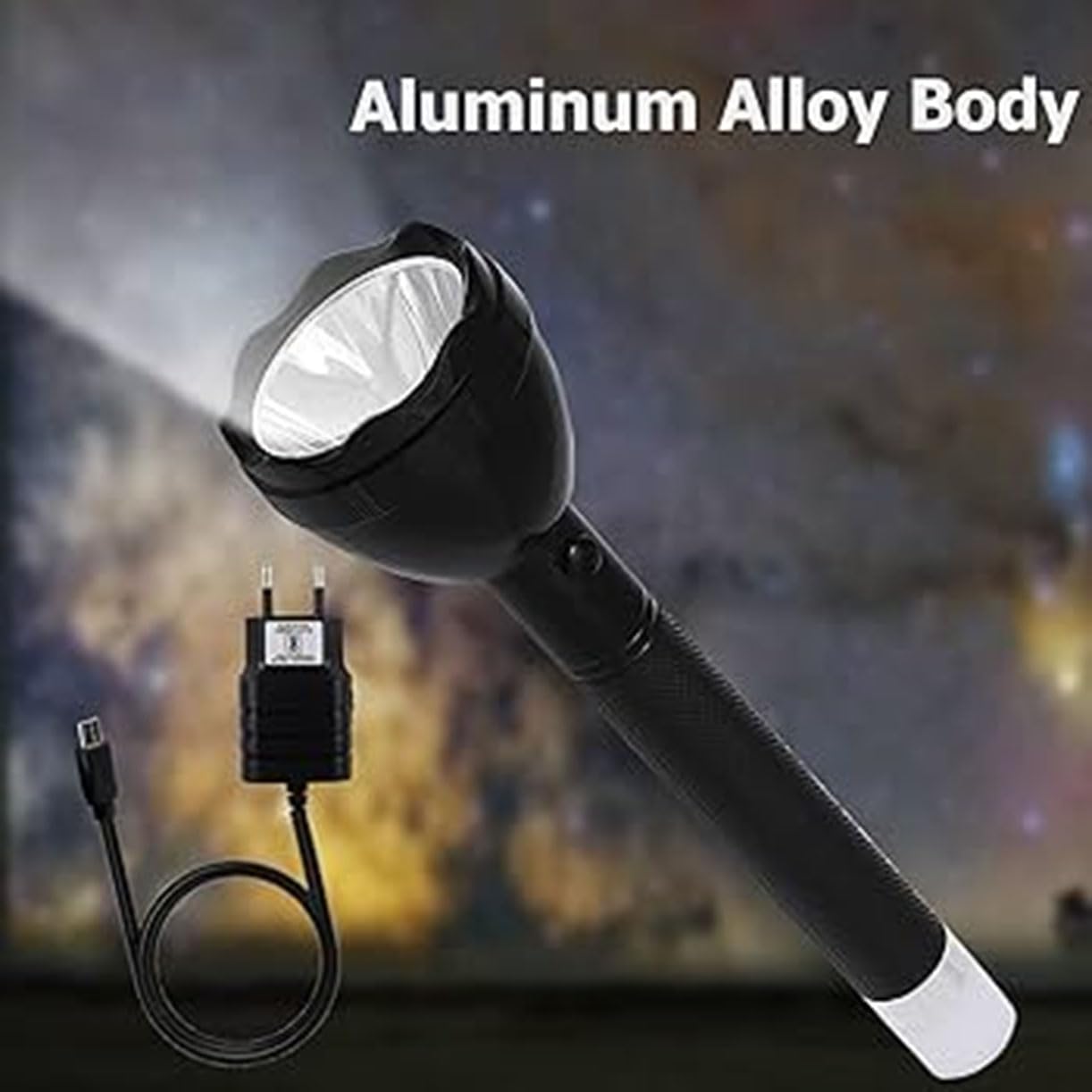 Black Charkee 40W rechargeable LED flashlight with long 1km range and lamp mode, designed for emergency safety and outdoor use.