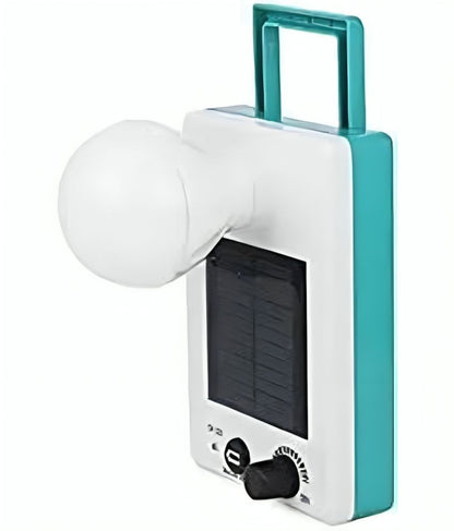 White Charkee 12W plastic LED emergency light bulb with solar panel, ideal for backup lighting, shown with its solar-powered design.