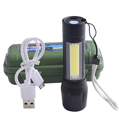 7878 Charkee 3W 3-in-1 rechargeable torch light for camping, hiking, and fishing with USB charging and protective box.