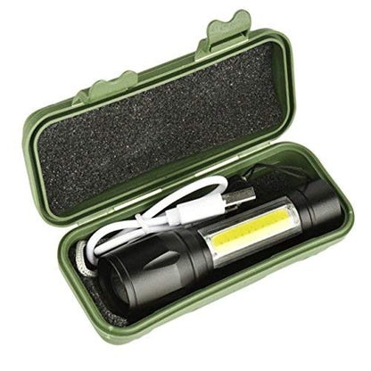 7878 Charkee 3W 3-in-1 rechargeable emergency torch light for camping, hiking, and fishing with USB charging cable and box.