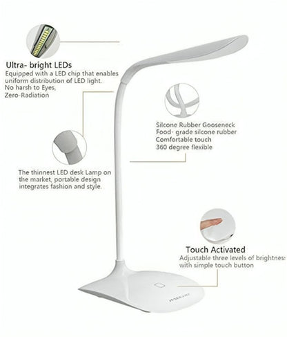 White 7878 Charkee 3W LED desk lamp with rechargeable touch switch, ideal as an emergency light, shown on a desk.