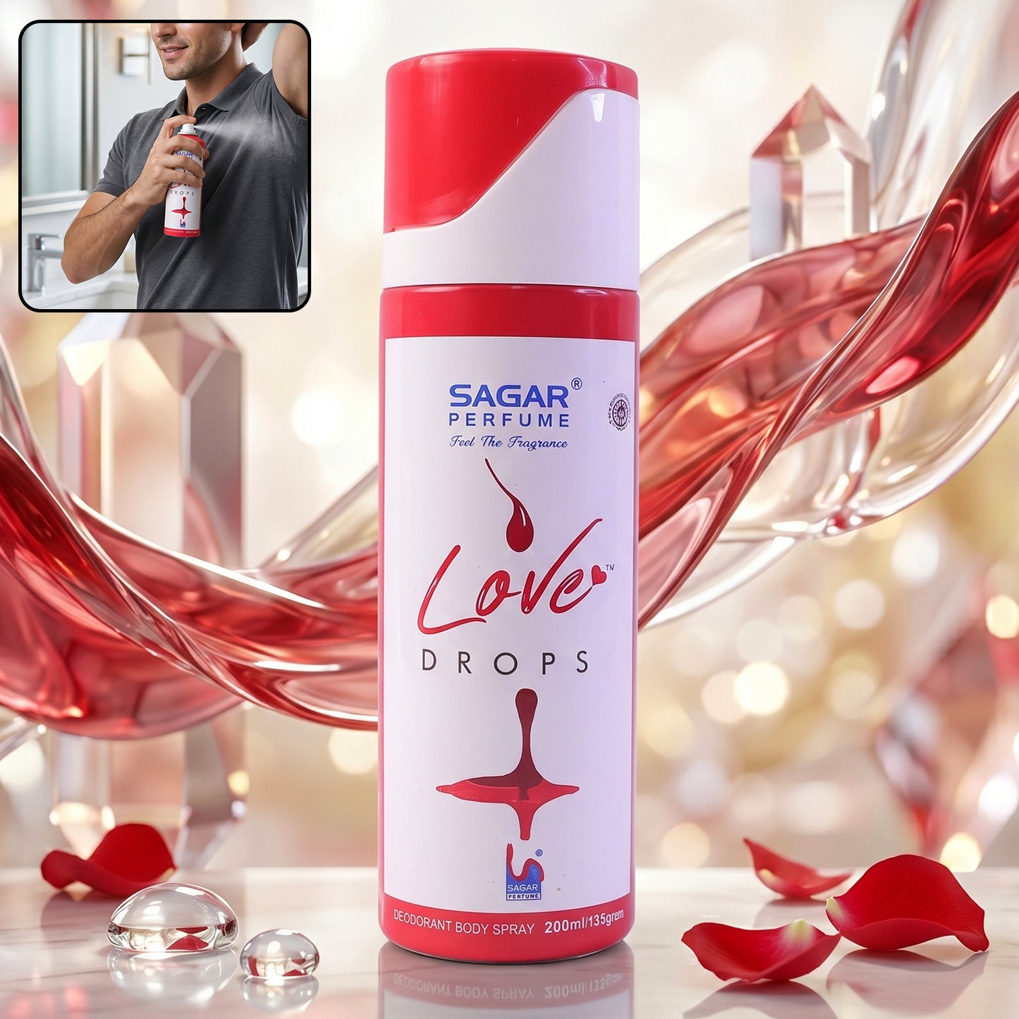 Wukusy Sagar Love Drops perfume deodorant body spray in 200ml bottle with floral scent and long-lasting freshness.