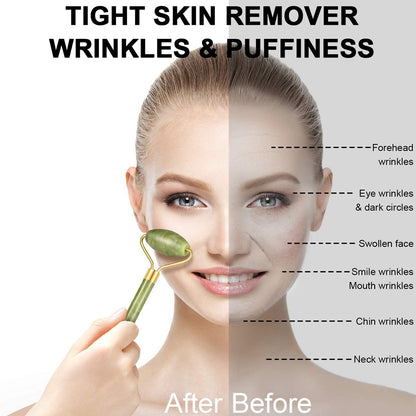 Wukusy jade roller and Gua Sha stone set for face massage, natural anti-aging skincare tools for glowing skin and facial shaping.