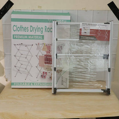 Wukusy metal foldable clothes drying rack with 3 tiers, portable laundry stand for air drying clothes and linens.