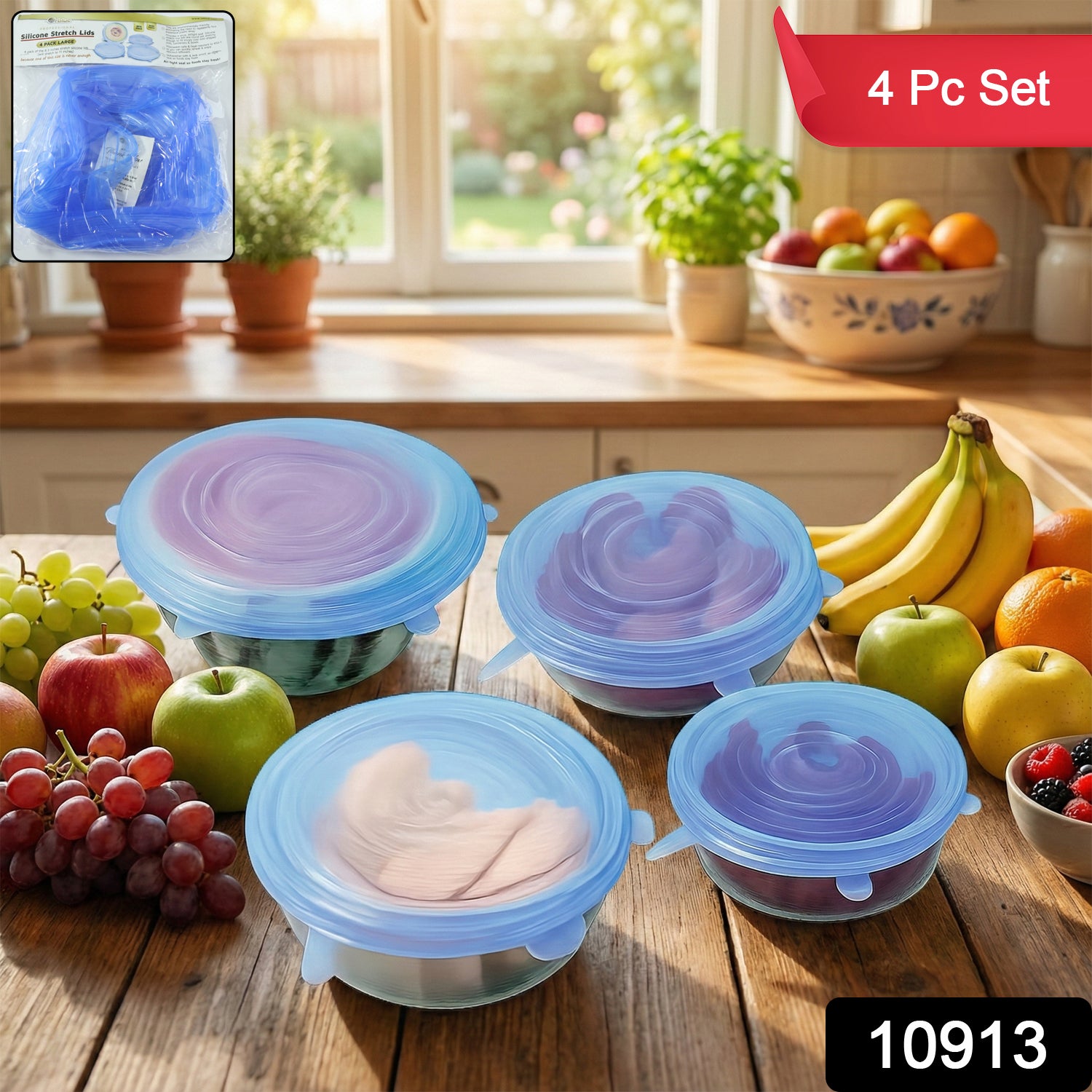 Set of four reusable silicone stretch lids by Wukusy, flexible and airtight for sealing bowls and containers.