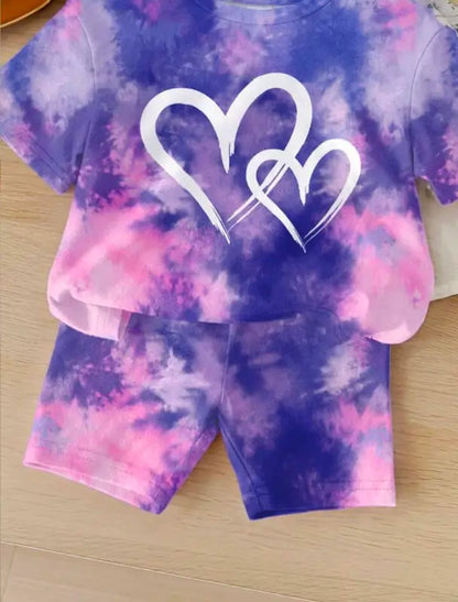 Kids tie-dye heart print summer set with purple and pink T-shirt and shorts by ekom, featuring colorful tie-dye design.
