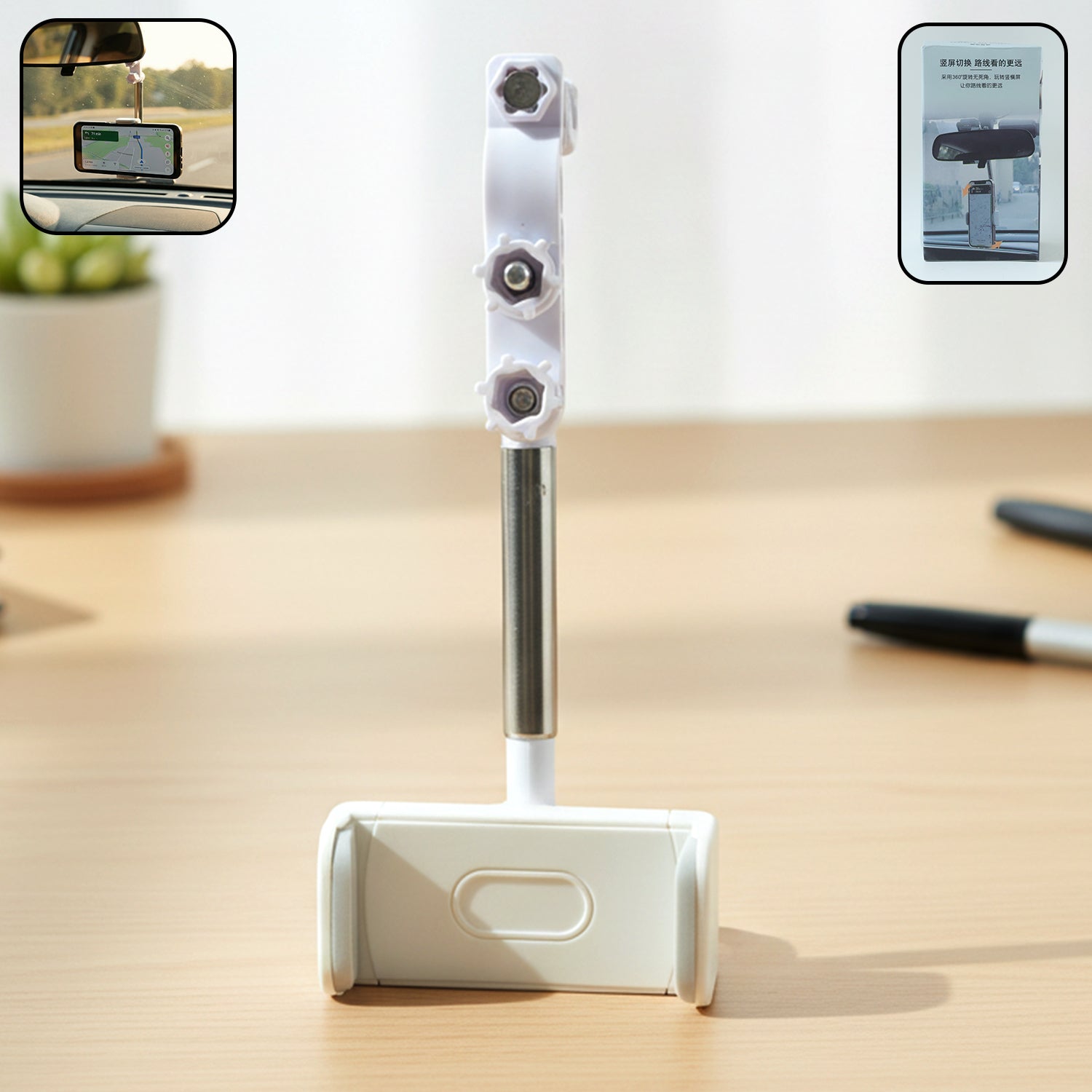 Wukusy adjustable rearview mirror car mobile phone holder attached to vehicle mirror, holding smartphone securely.