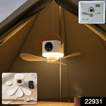 Wukusy 3-in-1 rechargeable camping fan with LED light, timer, and hanging hook, shown with adjustable fan blades and compact design.