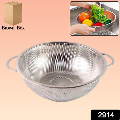 Wukusy stainless steel collapsible rice and vegetable washing bowl with strainer, kitchen tool for rinsing and draining produce.