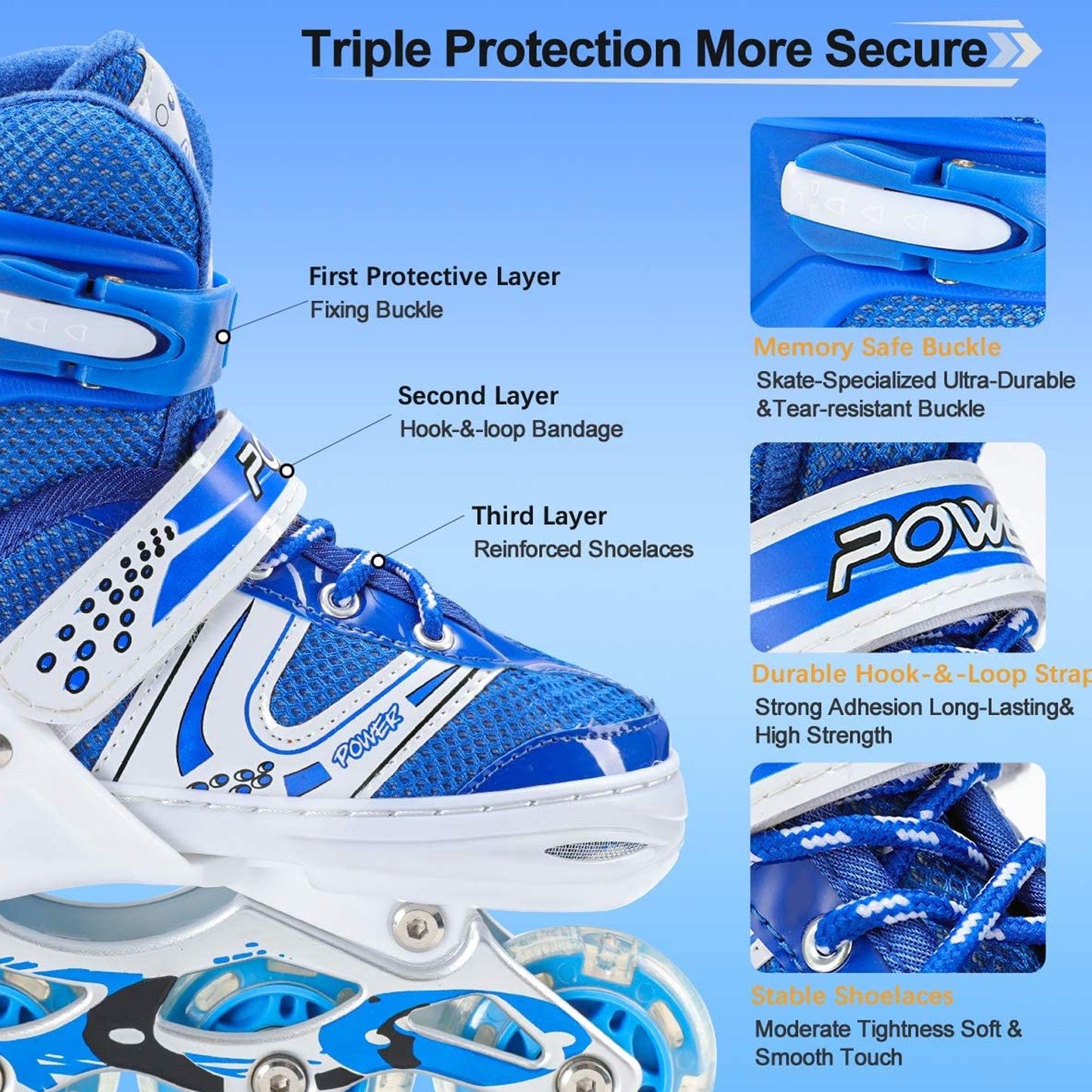 Wukusy 7554 inline skates with LED flashing wheels, adjustable length, high-quality pair for outdoor skating and recreation.