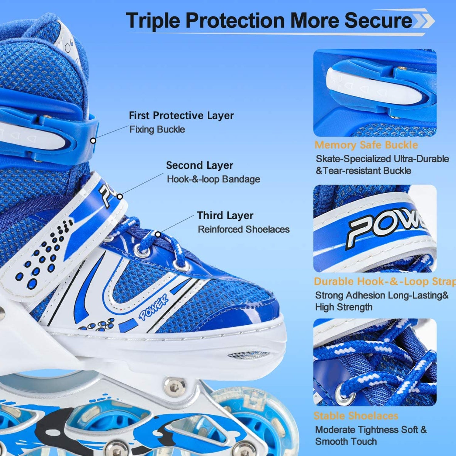 Wukusy 7554 inline skates with LED flashing wheels, adjustable length, high-quality pair for outdoor skating and recreation.