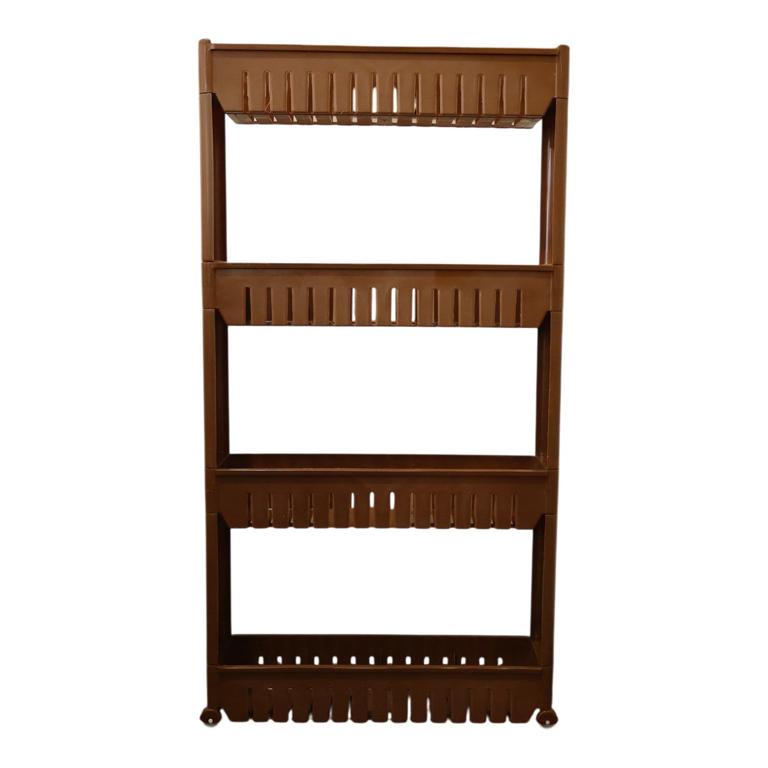 Wukusy 4-layer plastic storage rack with wheels, featuring multiple shelves for organized storage and easy mobility.
