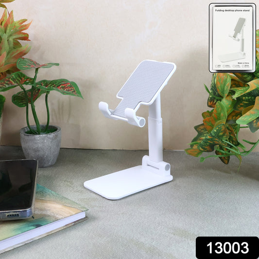 Wukusy adjustable foldable desktop mobile stand showing a smartphone held at an ergonomic angle for hands-free viewing.