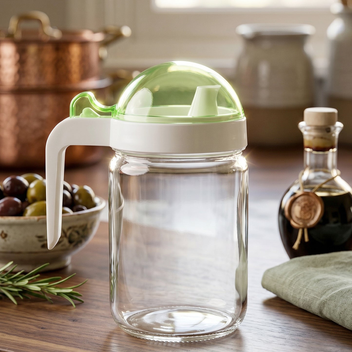 Wukusy glass oil bottle with lid, 580ml capacity, ideal for storing cooking or salad oils, clear and functional kitchen accessory