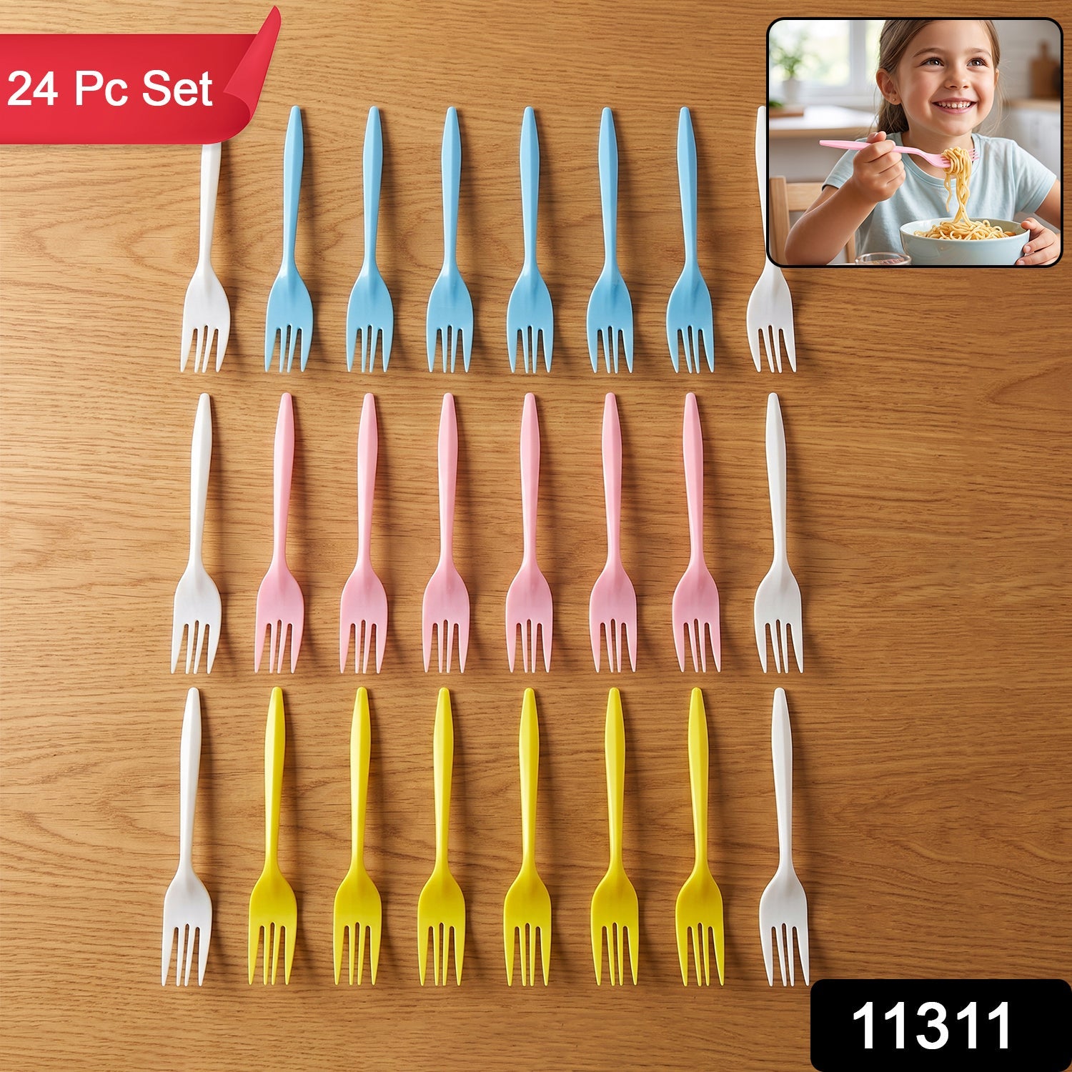 Set of 24 colorful reusable plastic forks by Wukusy, unbreakable dinner forks for everyday use, shown in vibrant display.
