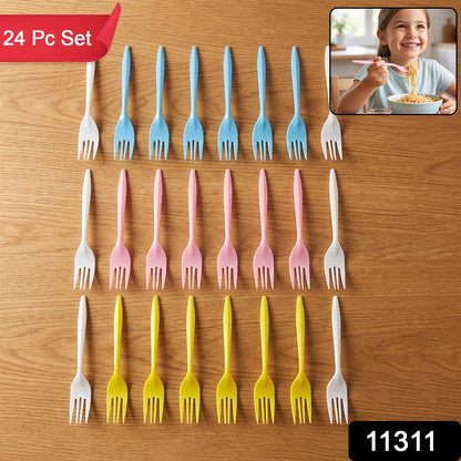 Set of 24 colorful reusable plastic forks by Wukusy, unbreakable dinner forks for everyday use, shown in vibrant display.