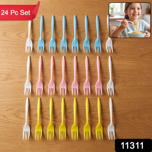 Set of 24 colorful reusable plastic forks by Wukusy, unbreakable dinner forks for everyday use, shown in vibrant display.