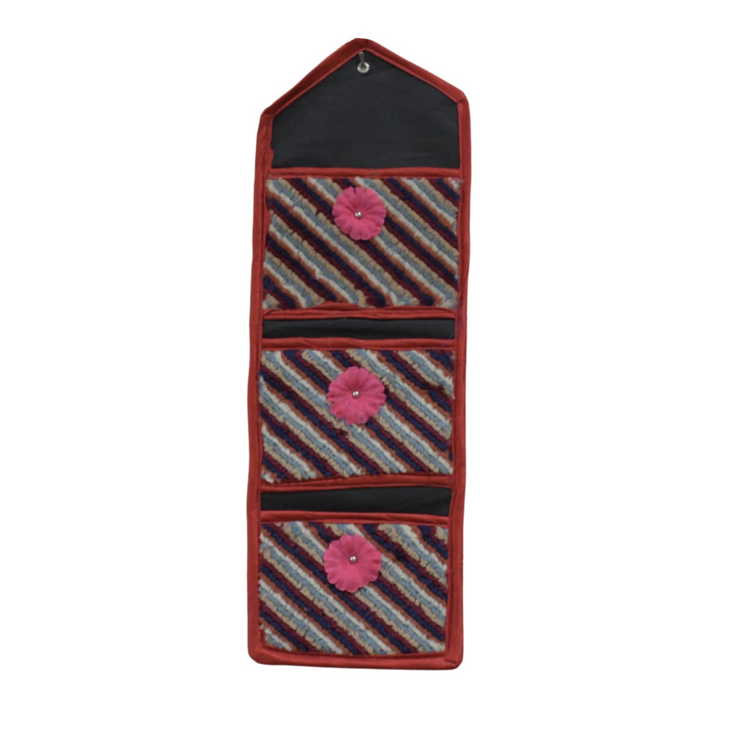 Wukusy 8867 foldable hanging organizer with three compartments for documents, magazines, and letter storage on wall.
