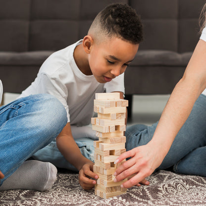 Wukusy 1911 54-piece wooden stacking and tumbling toy blocks with 4 dice for creative building and play.