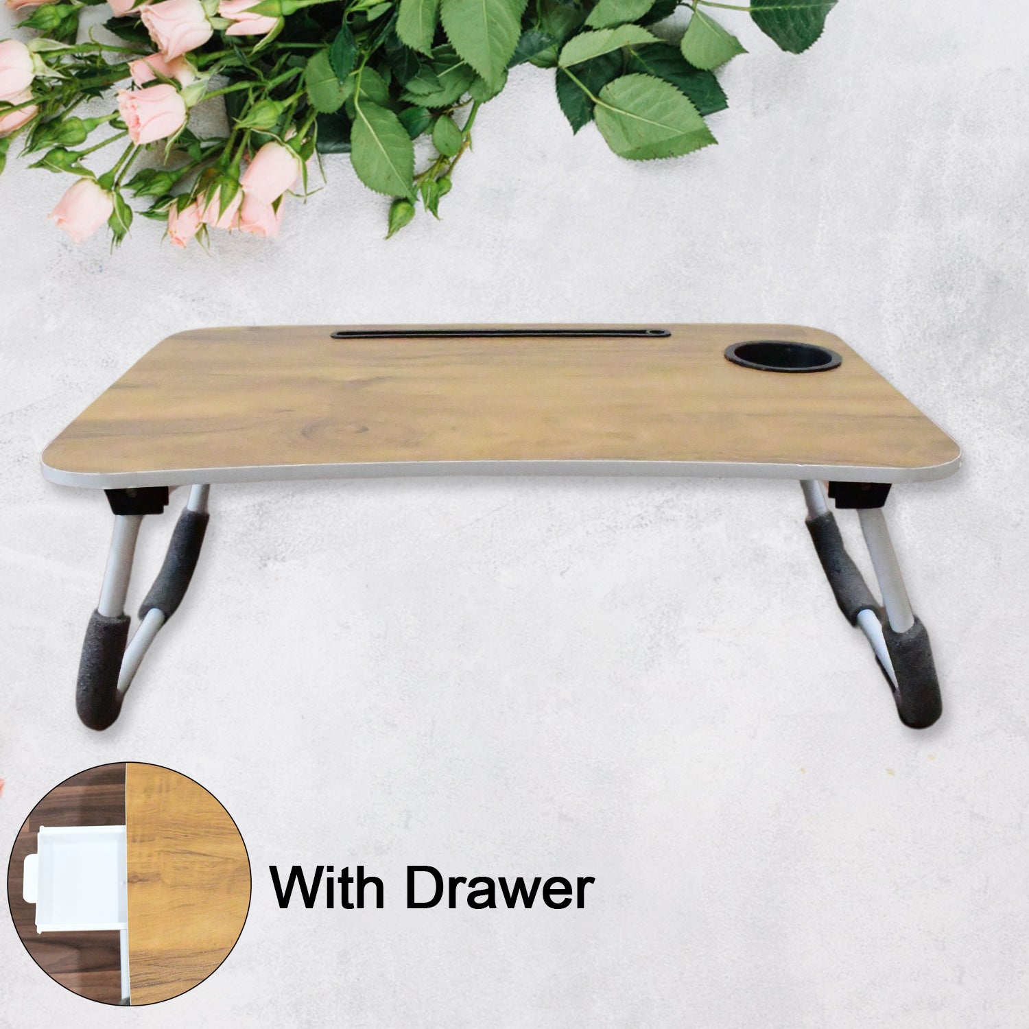 Wukusy multi-purpose laptop desk with foldable cupholder and drawer, plain design, ideal for study and reading.