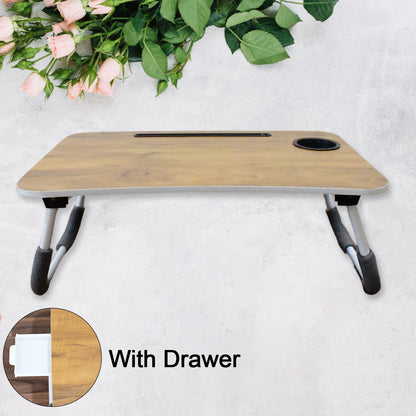Wukusy multi-purpose laptop desk with foldable cupholder and drawer, plain design, ideal for study and reading.