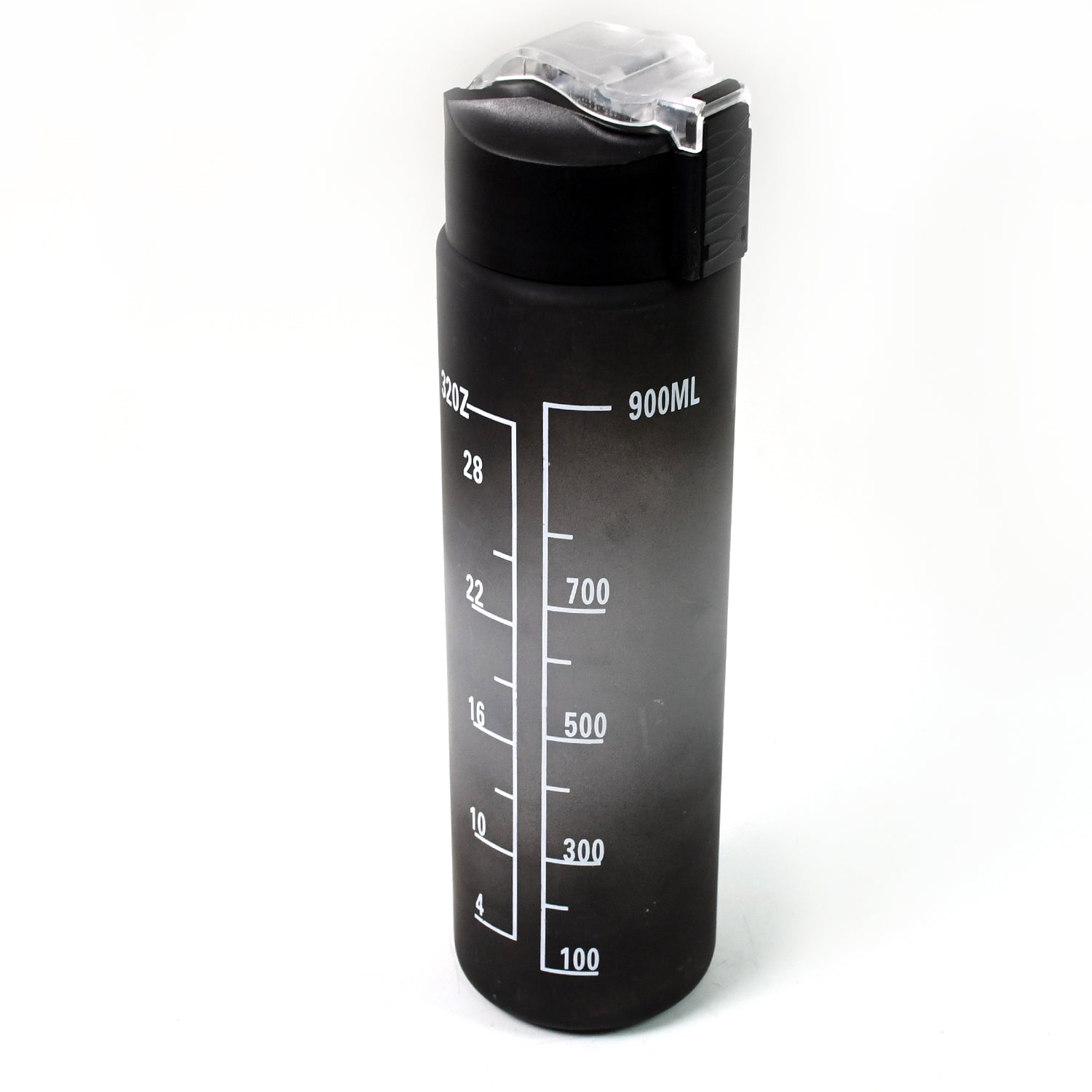Black plastic Wukusy motivational water bottle with a built-in straw, 900ml capacity, featuring a sleek design.
