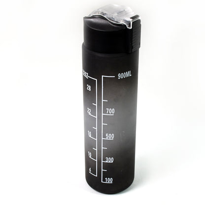Black plastic Wukusy motivational water bottle with a built-in straw, 900ml capacity, featuring a sleek design.