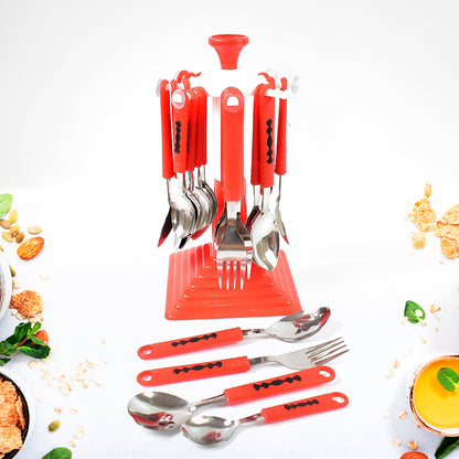 Wukusy 24-piece stainless steel cutlery set with stand, including forks, knives, spoons for dining table use