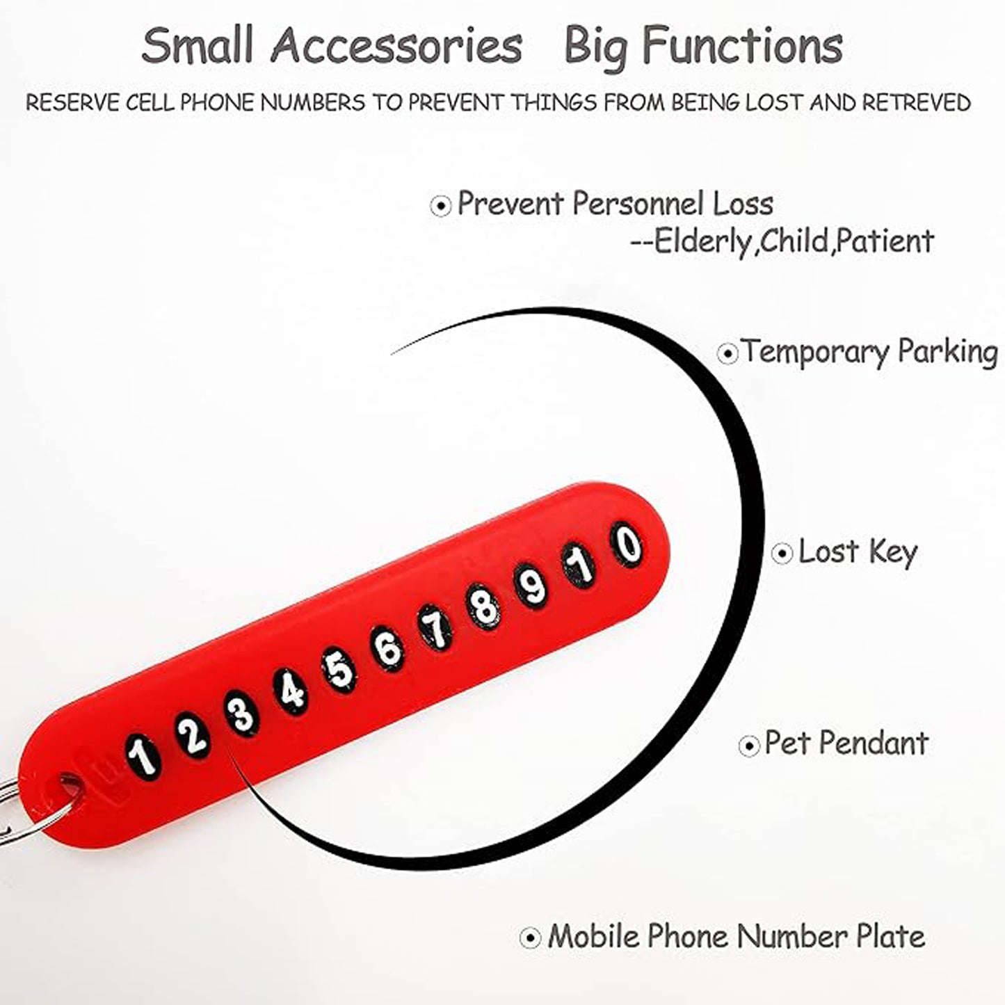 Wukusy anti-lost keychain with a number plate, small black plastic keyring for attaching keys or ID tags