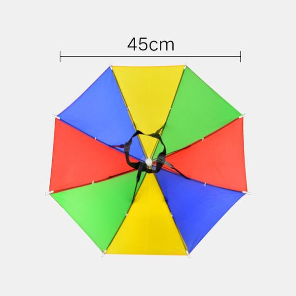 Wukusy hands-free umbrella hat with wide brim for sun and rain protection, worn on a person outdoors.