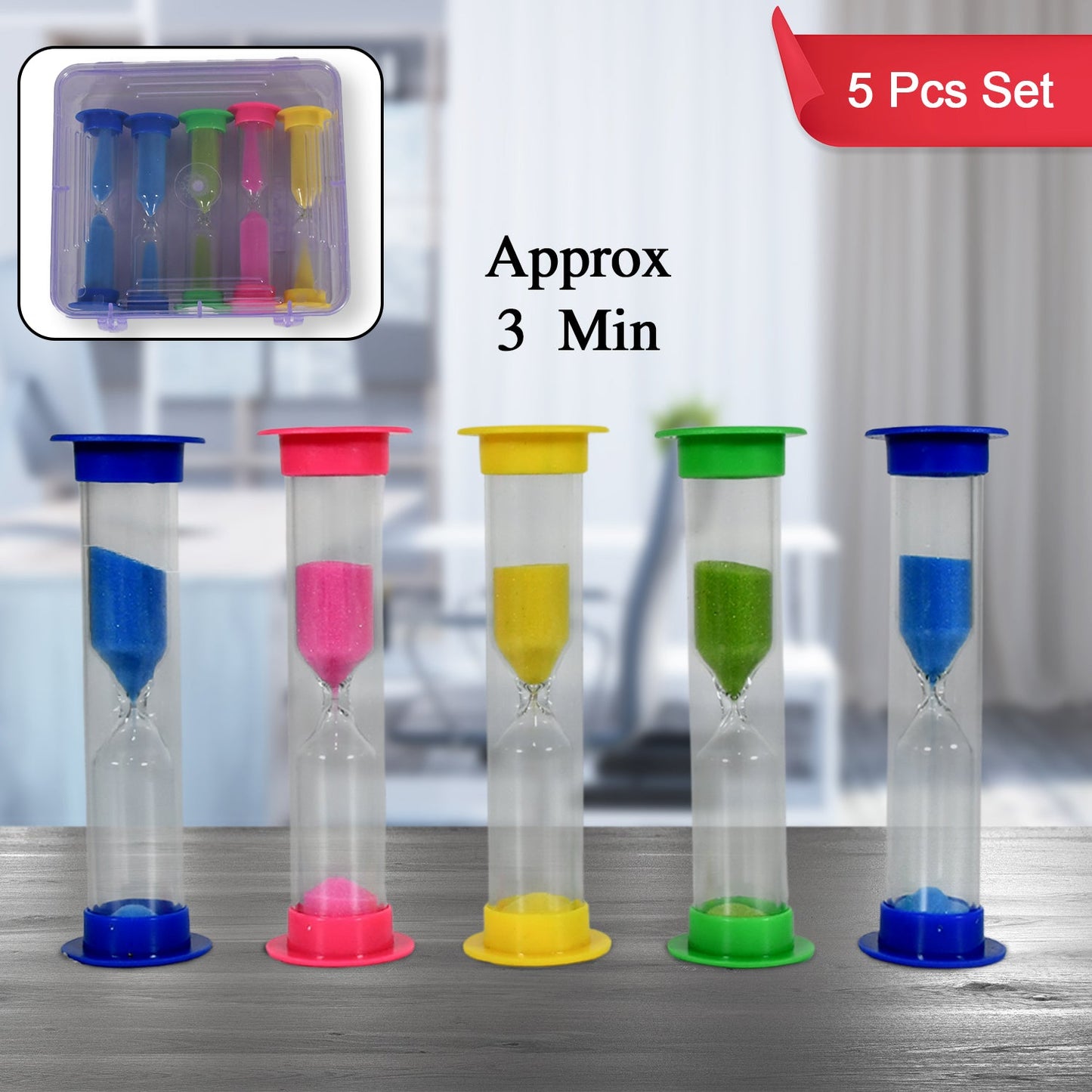 Wukusy plastic sand timer hourglass clock for kitchen, office, and bathroom use, with a 3-minute duration, set of five.